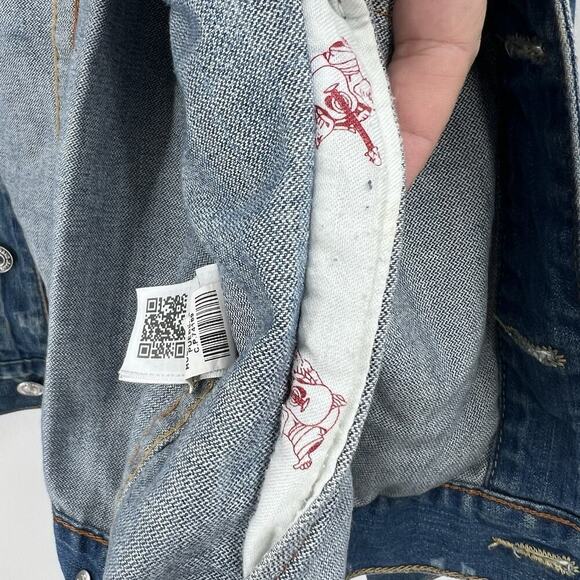True Religion Monogram Blue Denim Trucker Jacket Mens Size XL - Picture 11 of 13